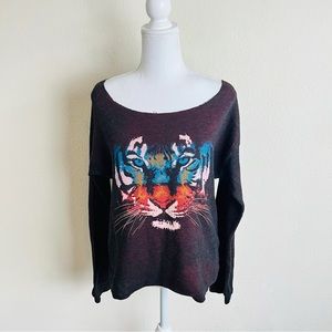 Rebel Yell Vintage Distressed Burgundy Tiger Long Sleeve Open Neck Sweatshirt